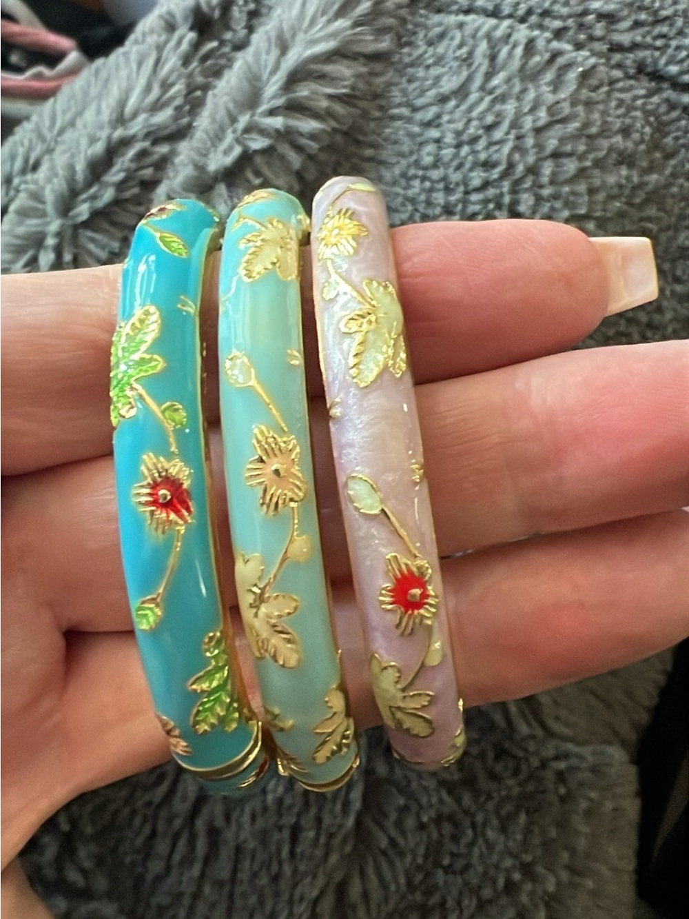 Gold Floral Enamel Bangle Bracelet Set - Turquoise, Aqua & Lilac
